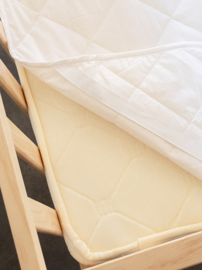 Close-up of corner of cot with mattress and waterproof sheet