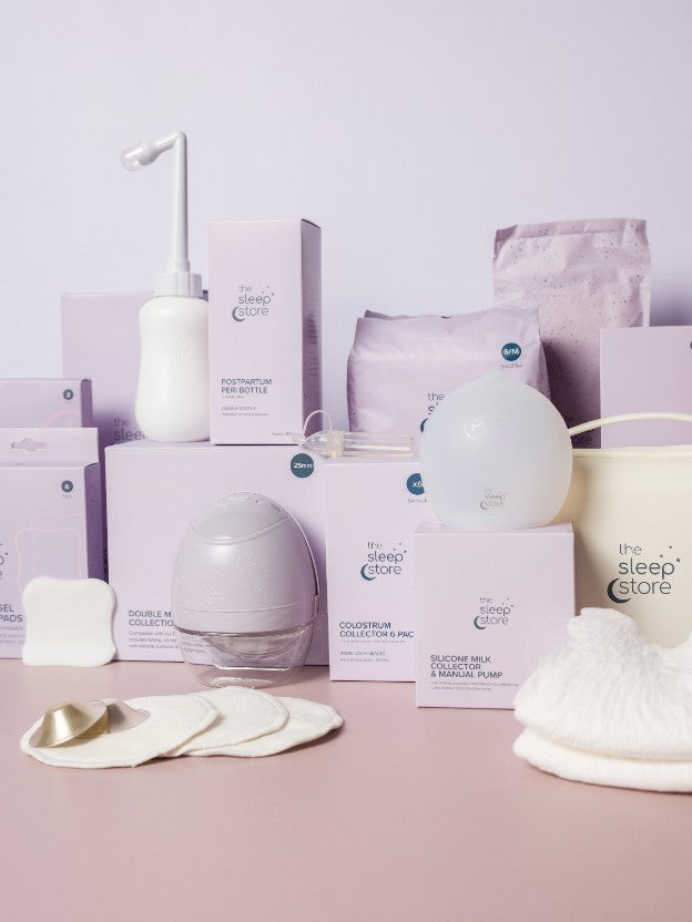 The sleep store range of postpartum products in their signature light purple branding