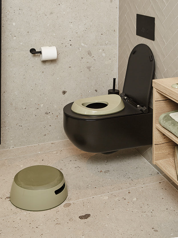 Toilet seat and step stool in a bathroom setting for toilet training