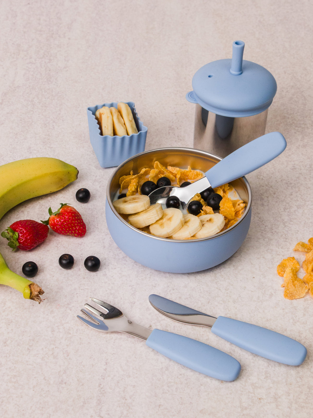 Stainless steel and silicone baby feeding set in blue