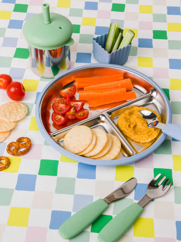Stainless steel plate with bright veges and crackers and cutlery on a coloured cloth