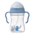 Clear sippy cup with blue handles and top, featuring a Stitch cartoon character, on a white background.