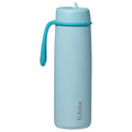 Light blue water bottle with a handle on a white background