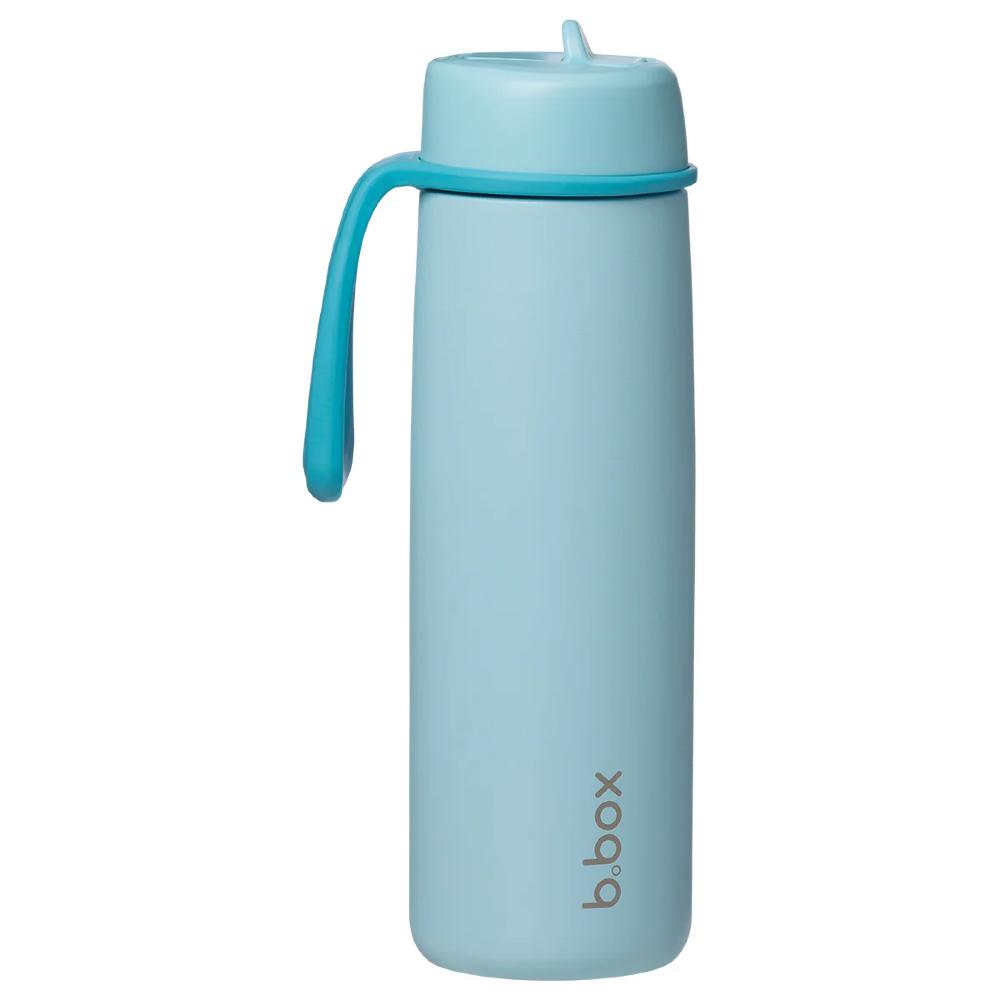 Light blue water bottle with a handle on a white background