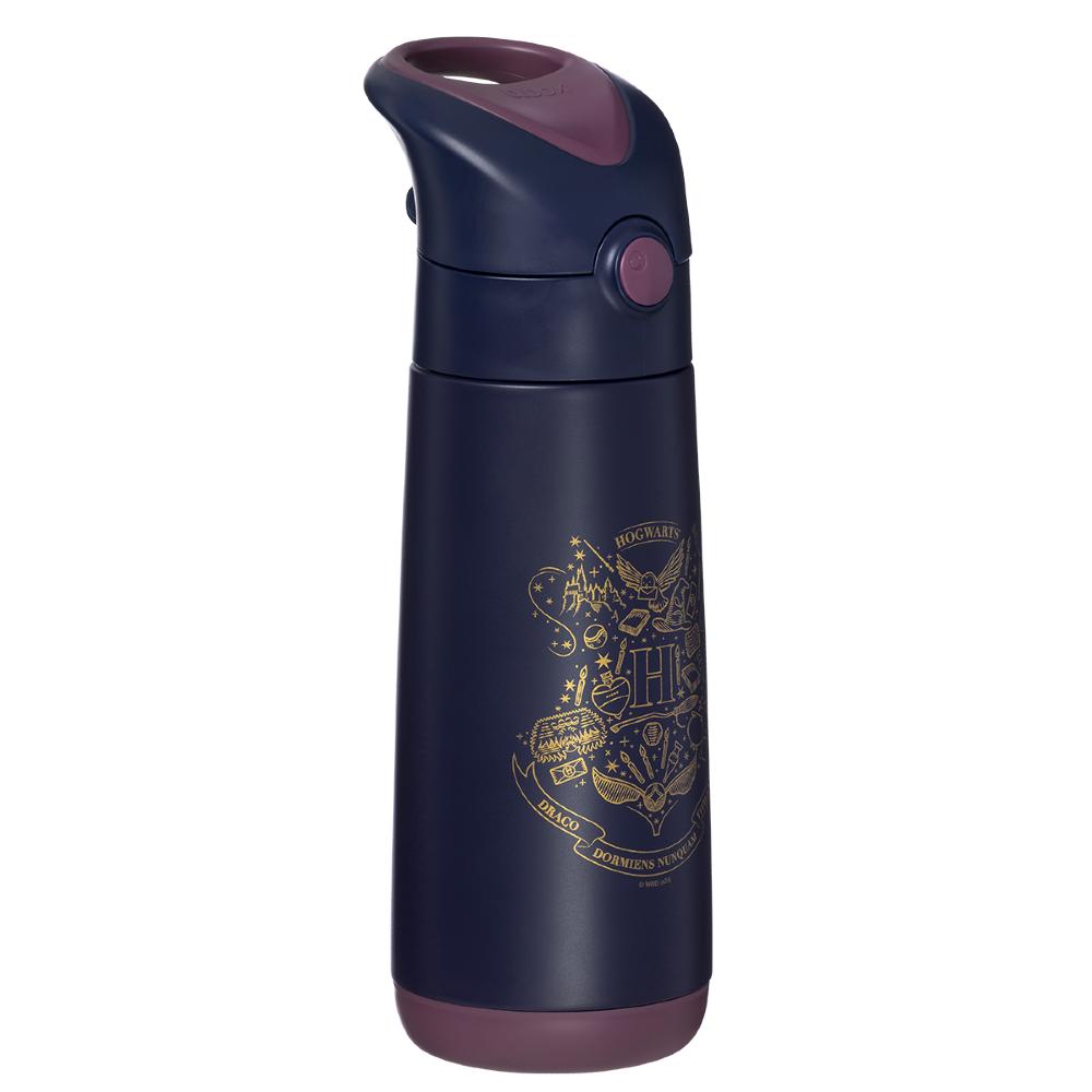A dark navy blue water bottle with a gold Hogwarts crest printed on the front, featuring a purple-tinted flip-top lid and base on a white background.