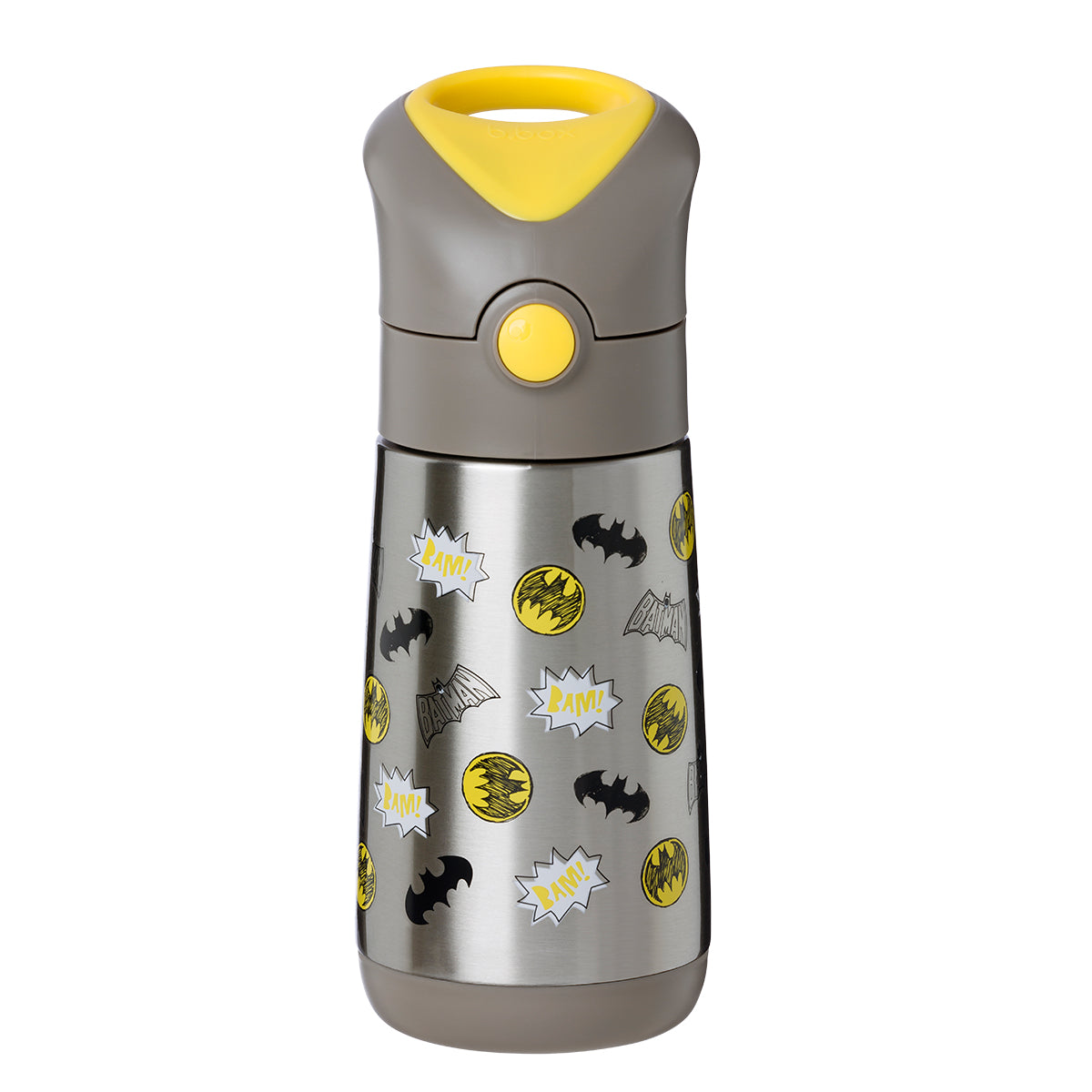 Children's insulated water bottle with Batman-themed design on a white background