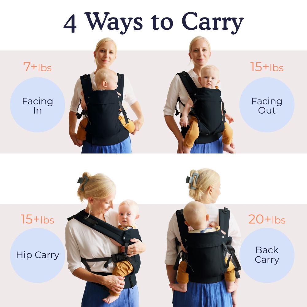 Beco Carrier positions including forward facing and back carrying