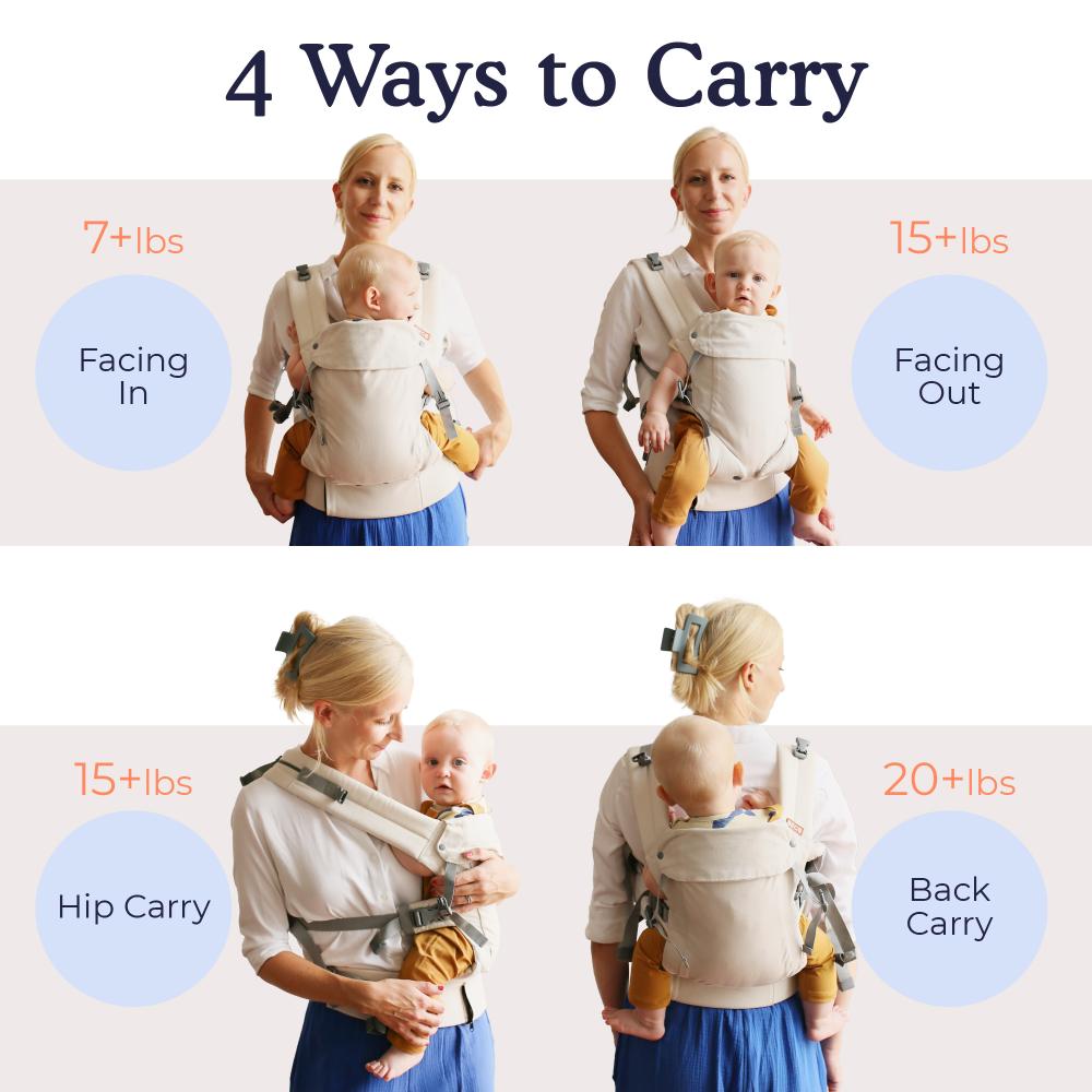 Diagram showing four ways to carry a baby using a Gemini V2 baby carrier.