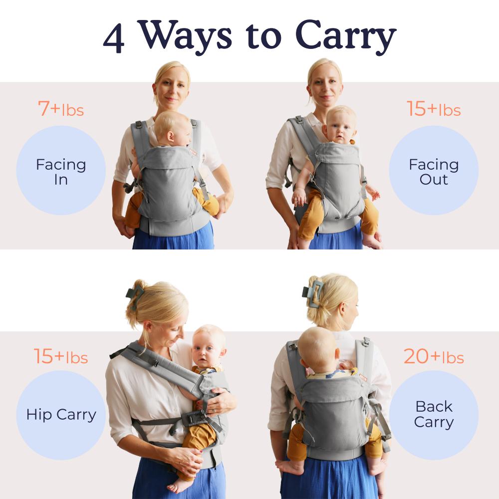Beco Gemini Grey worn in 4 different carrying positions including front facing