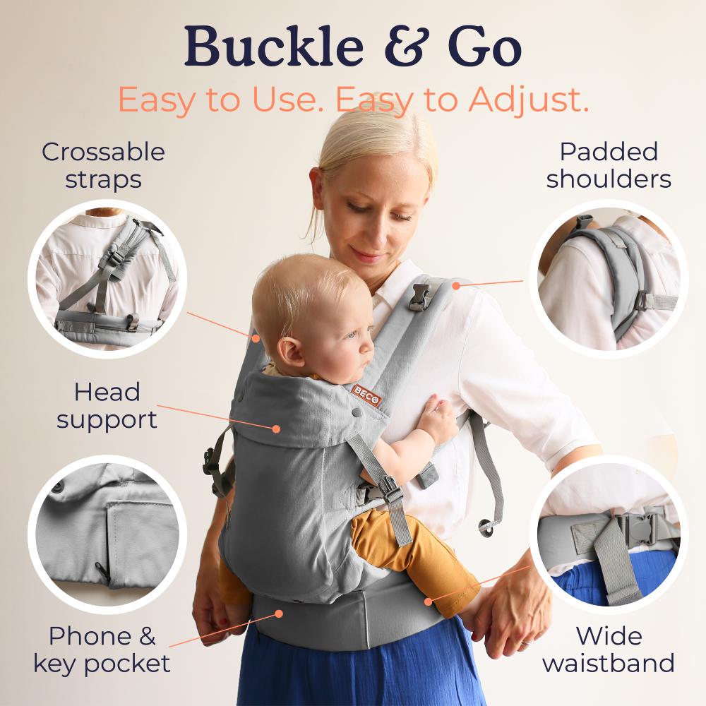 Features of the grey Beco Baby Carrier V2 including the crossable straps and toddler head support