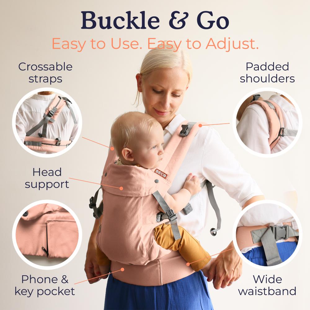 Beco Gemini Baby carrier with features highlighted and a woman using it.