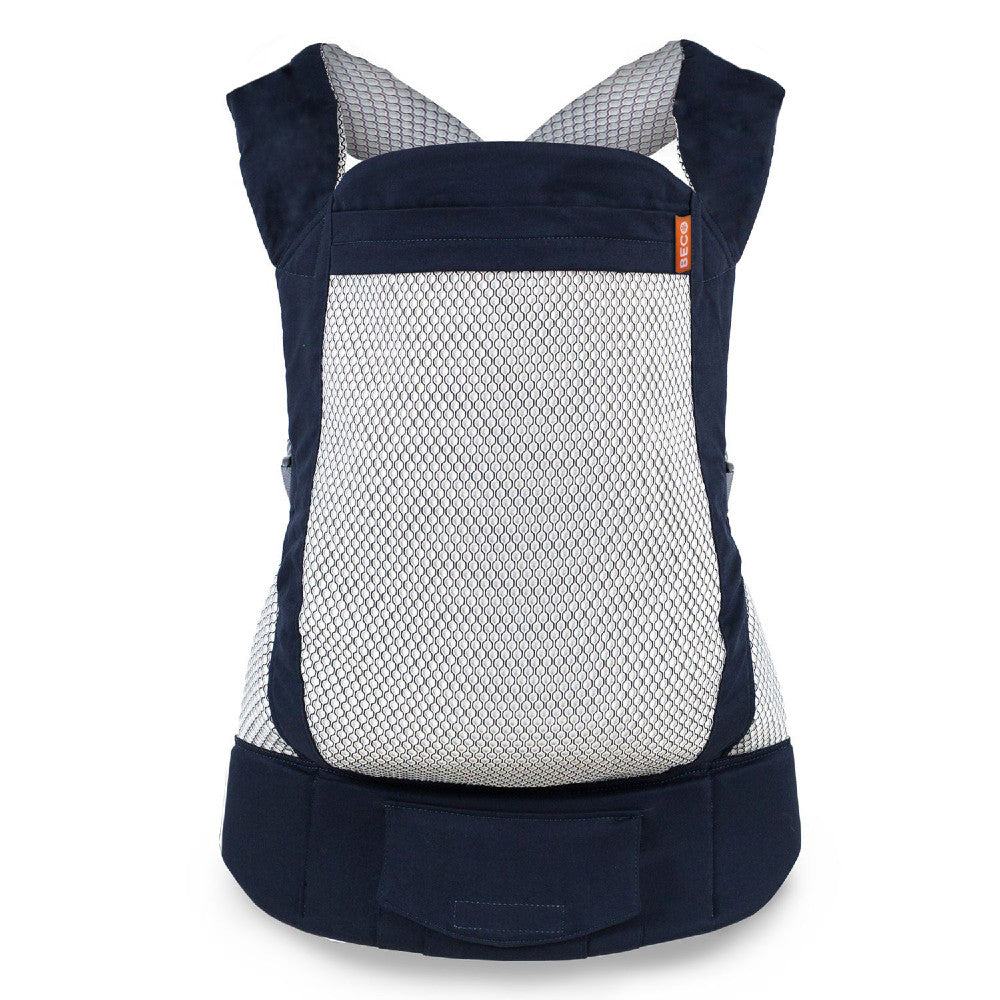 Navy blue and white mesh Toddler Carrier backpack on a white background