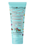 Blue Skinnies sunscreen bottle against white background.