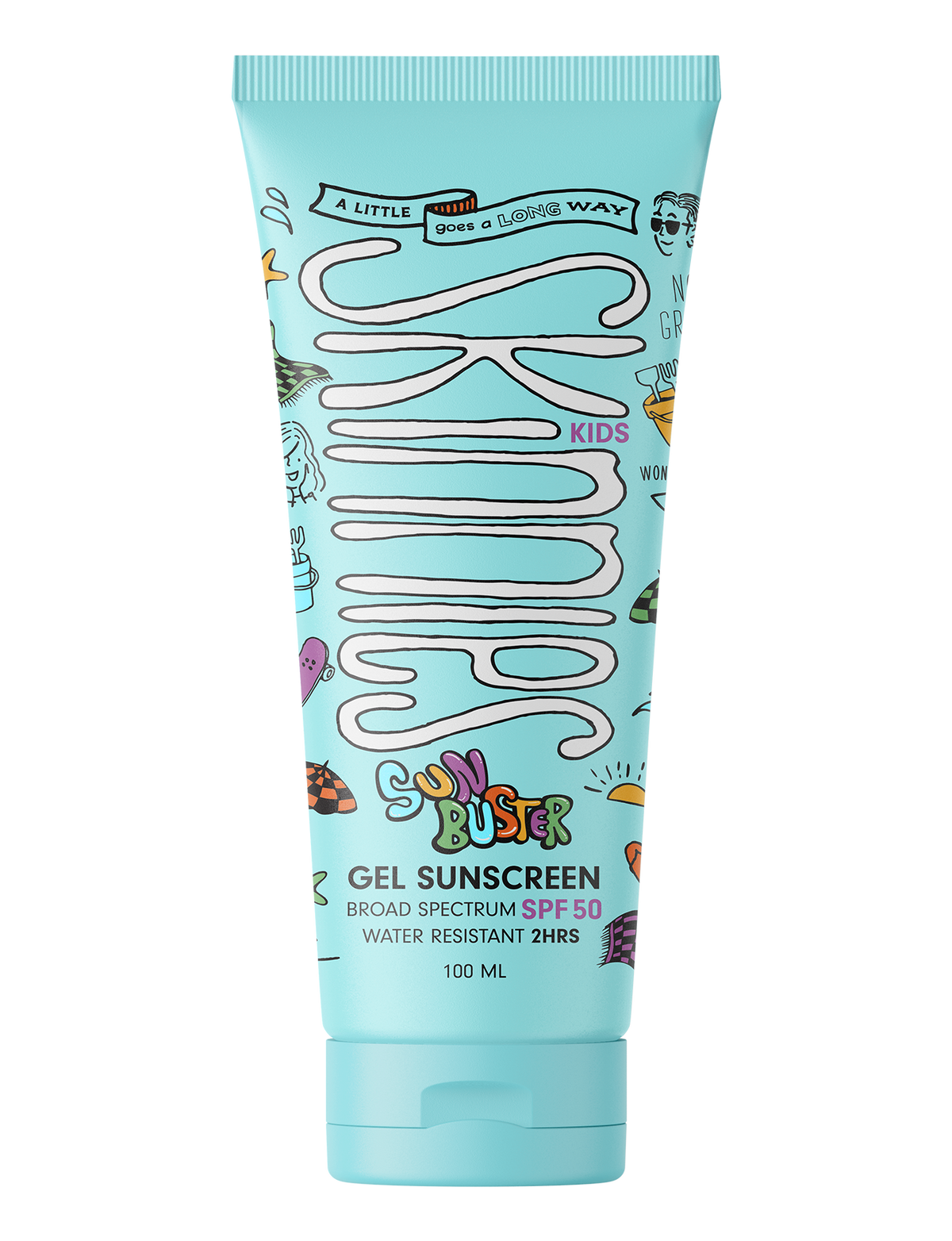 Blue Skinnies sunscreen bottle against white background.