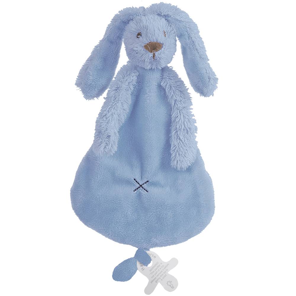 A blue Happy Horse soft, cuddly Rabbit comforter on a white background. 