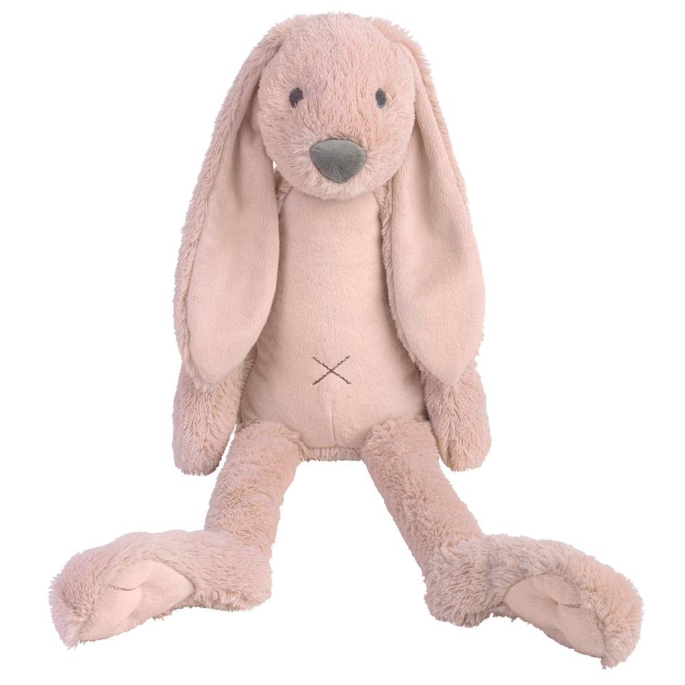 A plush stuffed bunny toy in a soft light pink color, sitting against a solid white background.