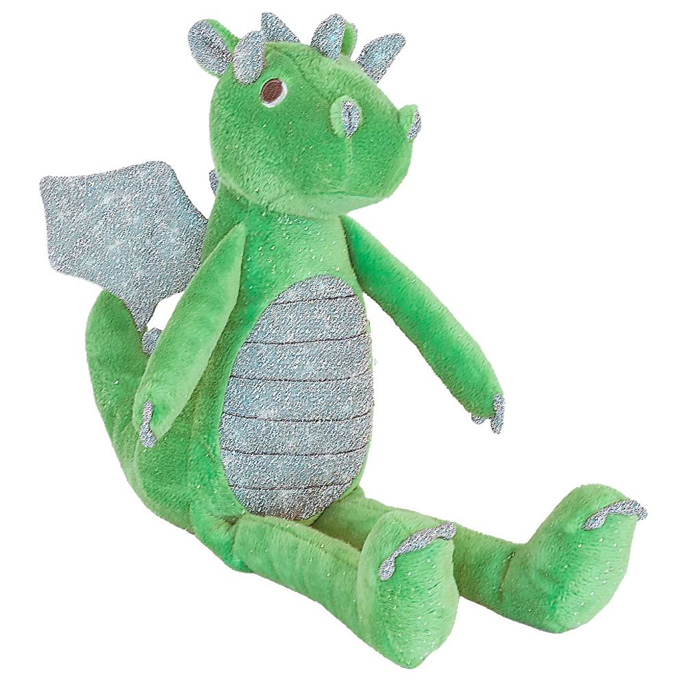 A green Happy Horse magical dragon soft toy on a white background. 