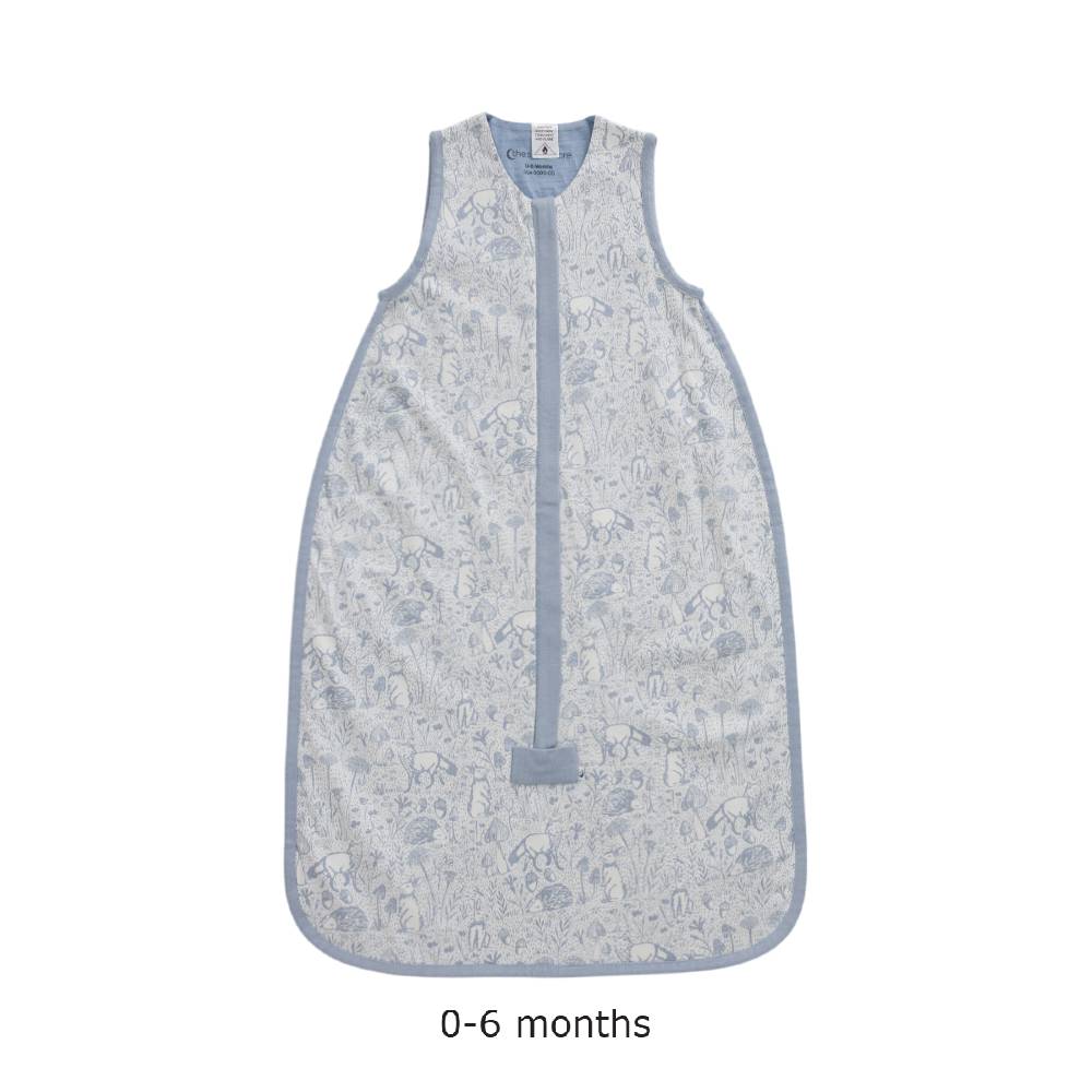 Blue Woodland print baby sleeping bag on a white background