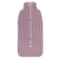 Sleeveless sleeping bag with pink and purple florals, on a white background