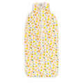 Sleeveless sleeping bag with lemons and oranges on white, on a white background