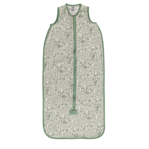Green woodland print Sleeveless sleeping bag on a white background