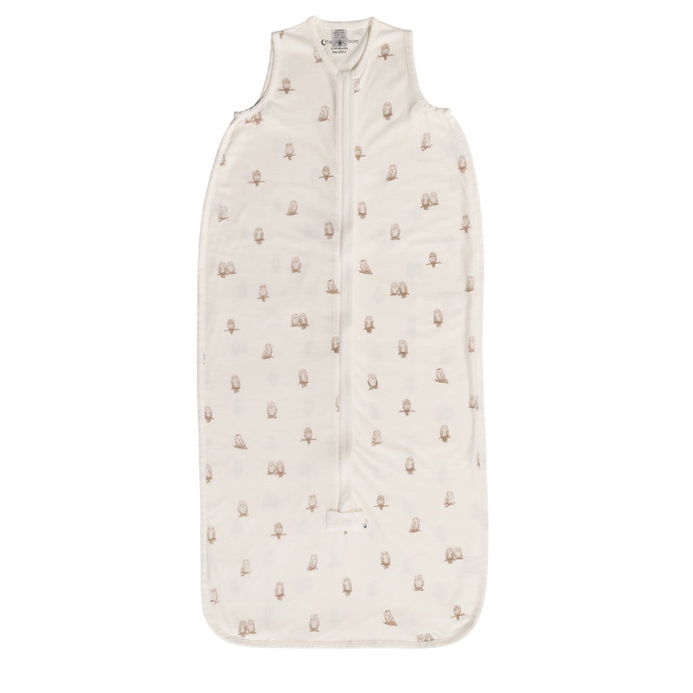 Owl Print Cream Sleeveless sleeping bag on a white background
