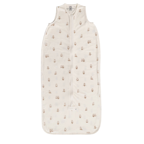 Owl Print Cream Sleeveless sleeping bag on a white background