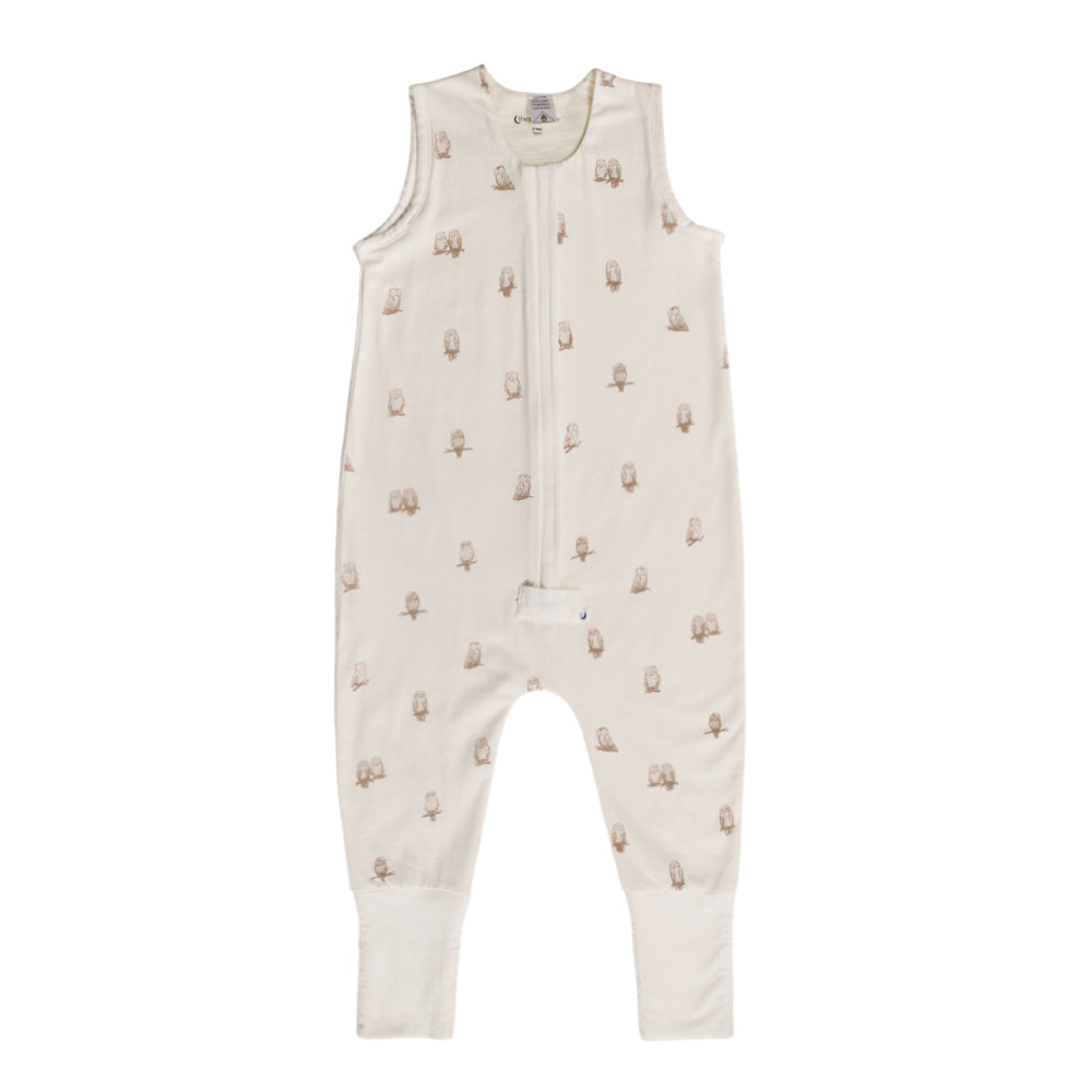 Cream Owl print baby sleep suit on a white background