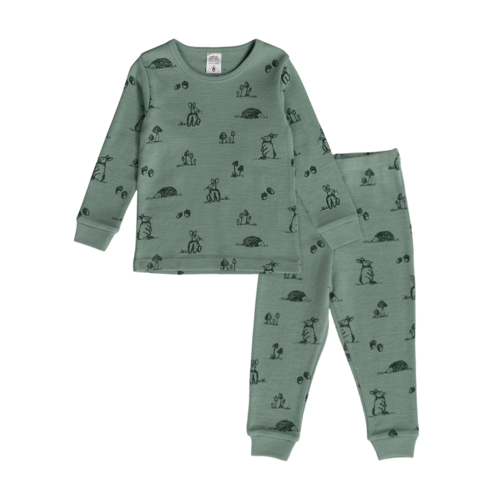 Green Forest print merino pyjamas suit on a white background