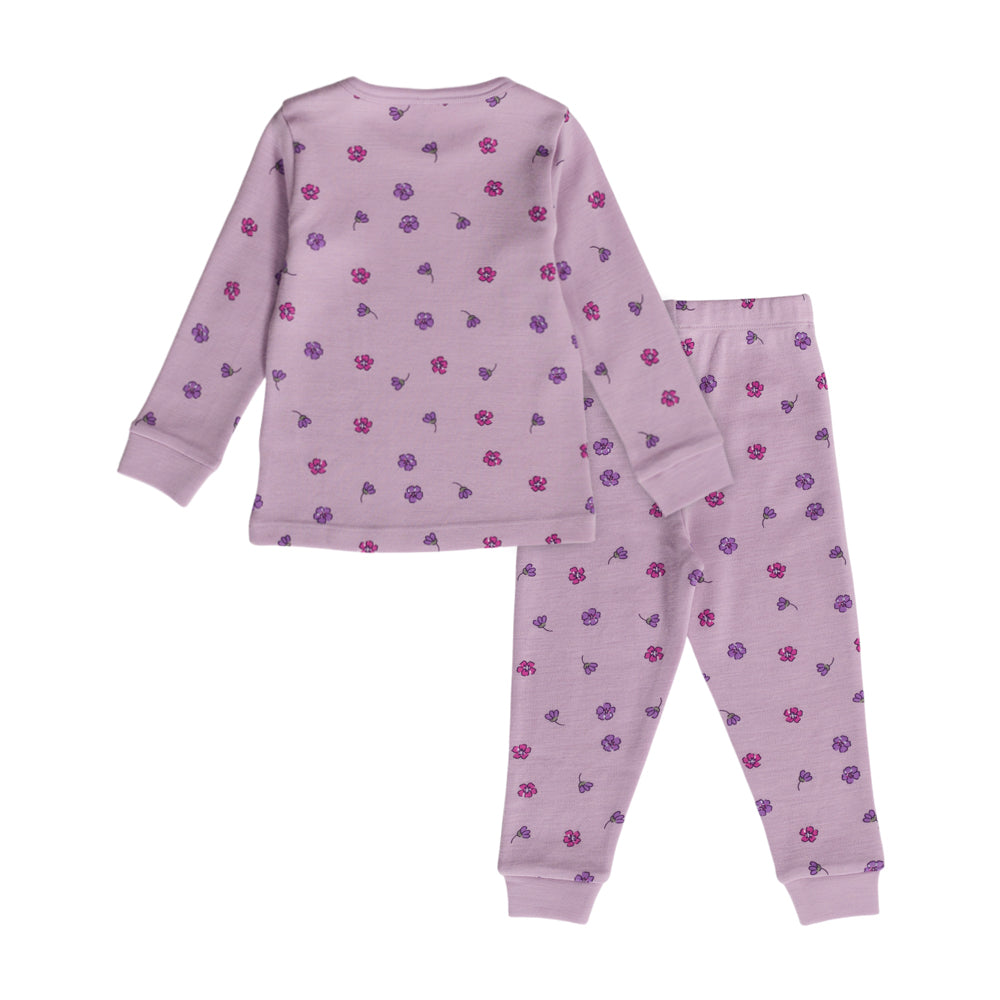 A two-piece children's pajama set in mauve purple with floral pattern, featuring a long-sleeve top and matching pants displayed on a clean white background.