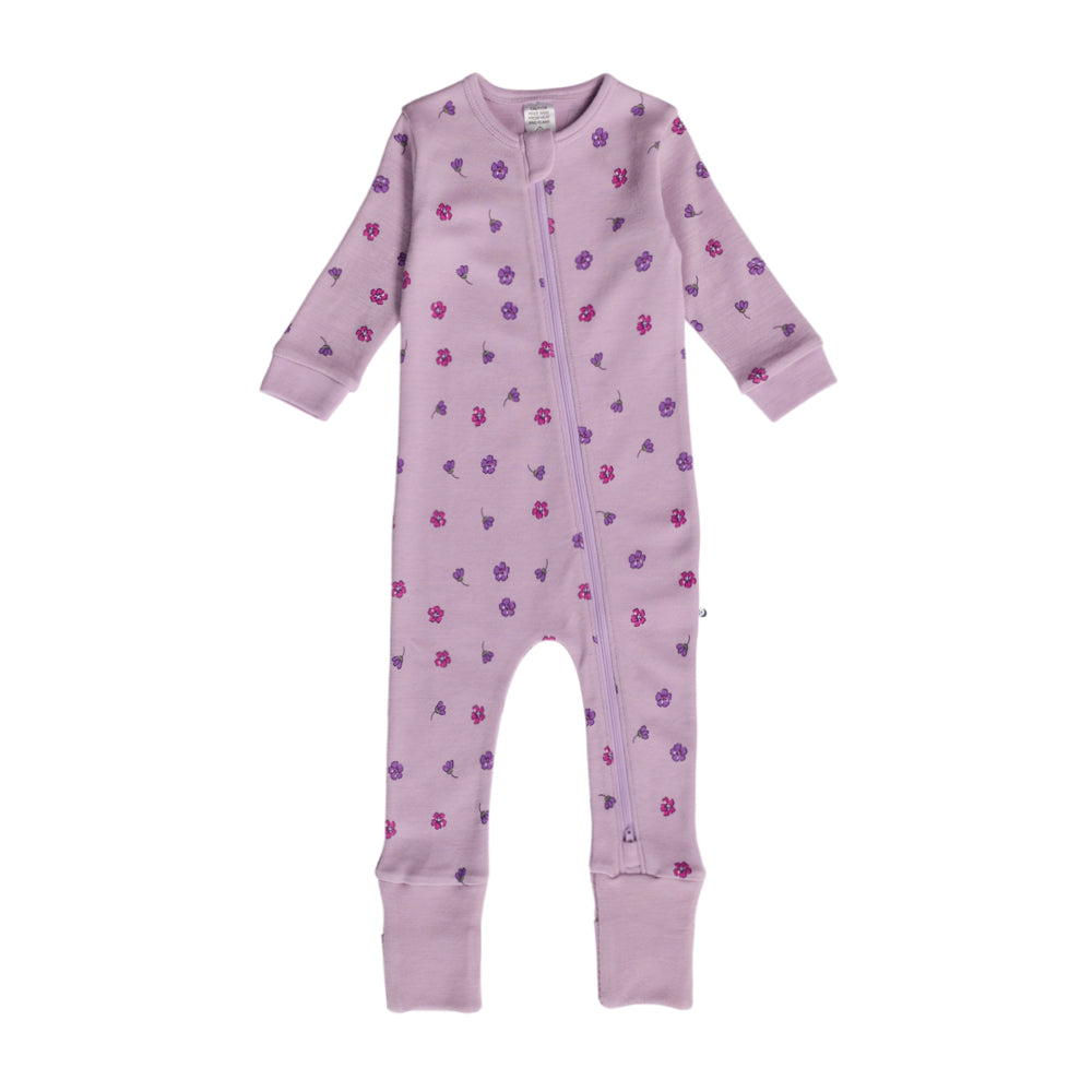 Purple Floral print merino zipsuit on a white background