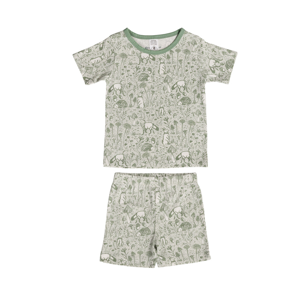 Cotton Short Sleeve Pyjamas on a green woodland print on a white background