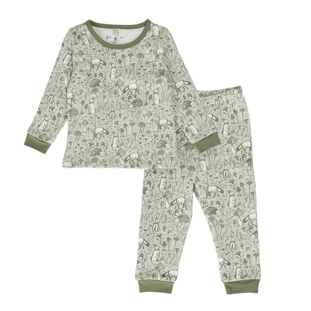 Cotton Fleece Long Sleeve pyjamas in Green Woodland Print on a white background