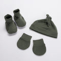 Set of Merino Booties, Beanies and Mittens in Green on a white background