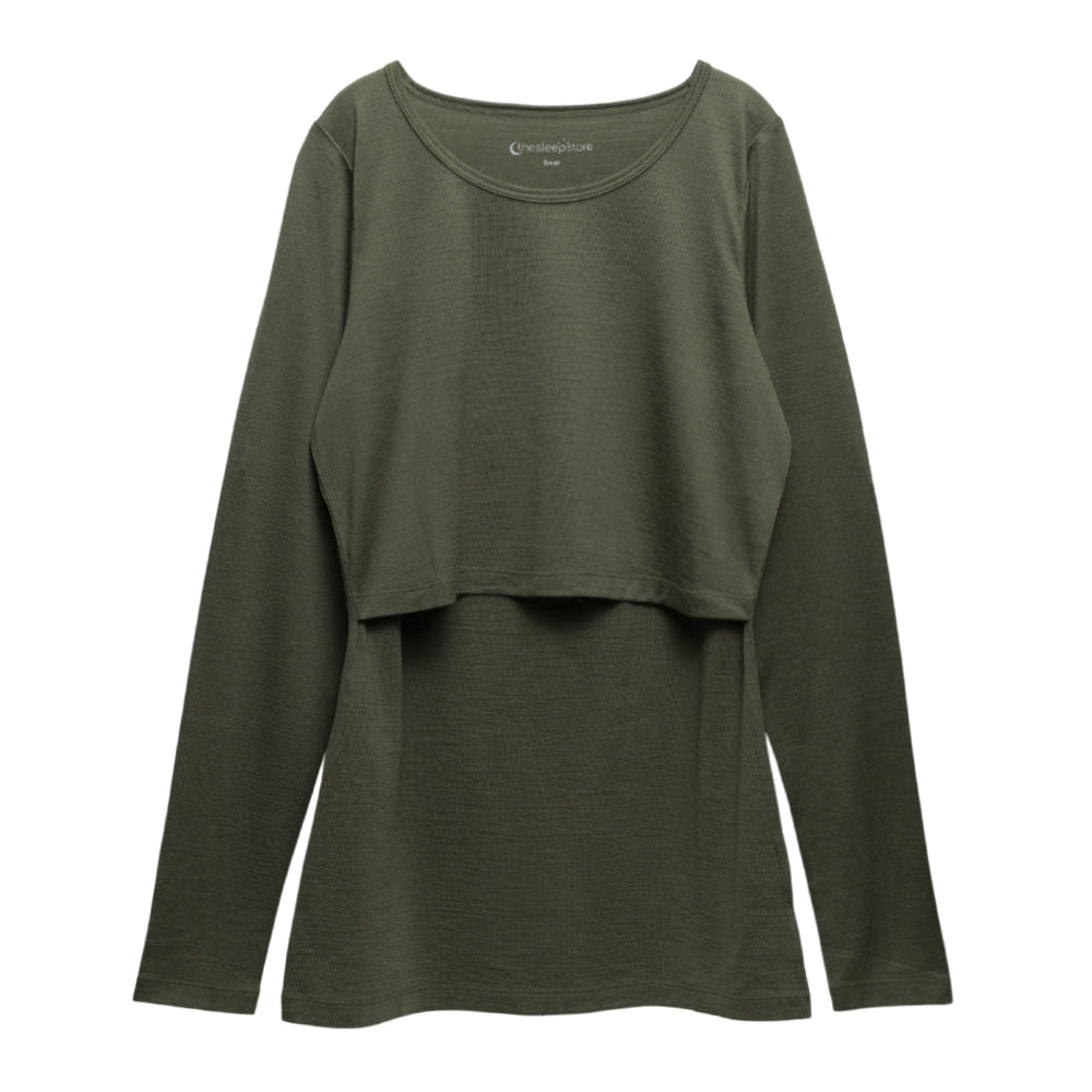 Green breastfeeding merino top on a white background