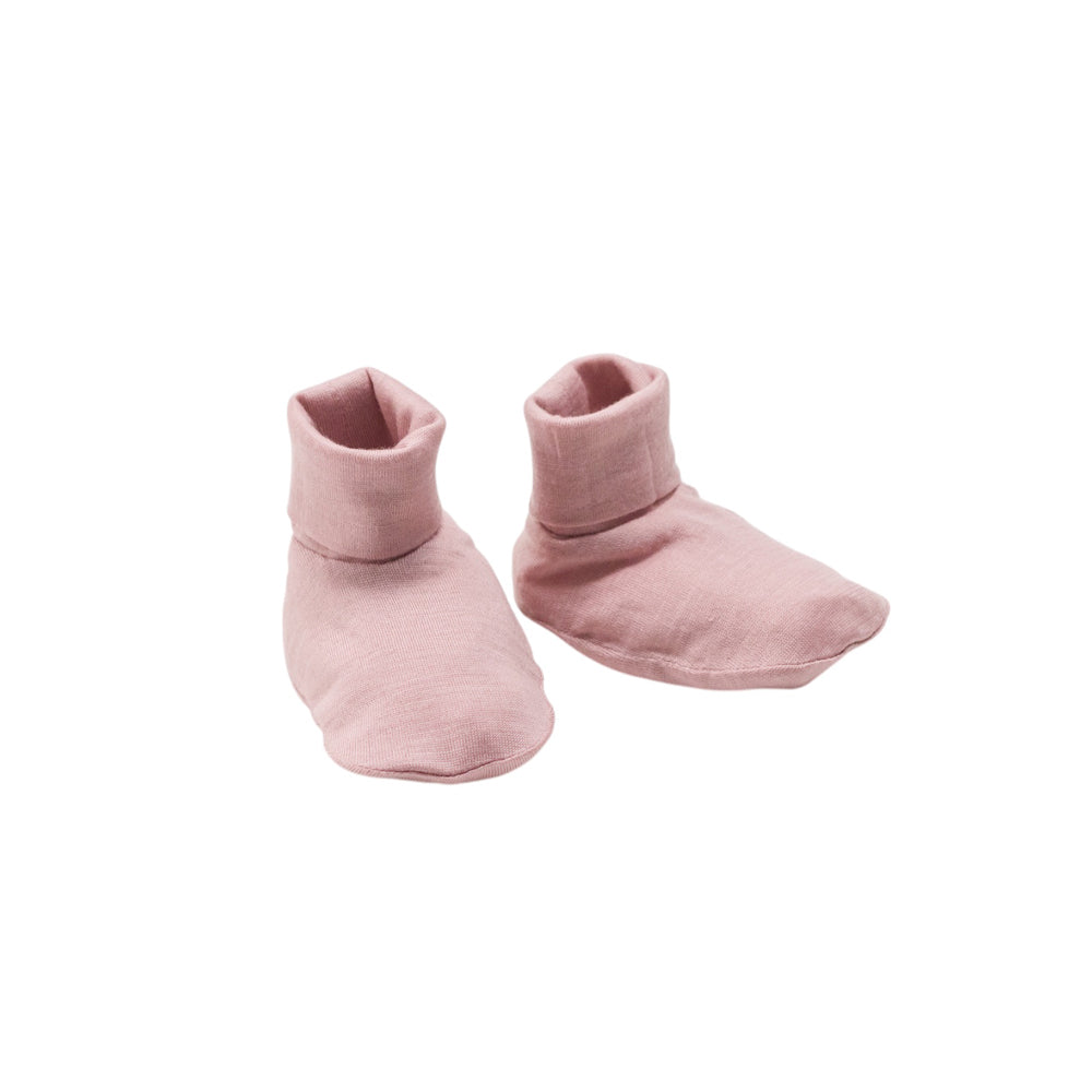 Pink Merino Baby Booties on a white background
