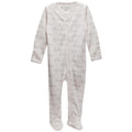 Cream with elephant print footed merino zipsuit on a white background
