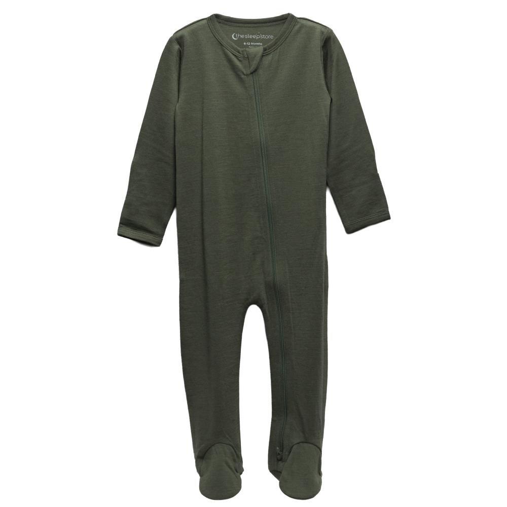 Green footed merino zipsuit on a white background