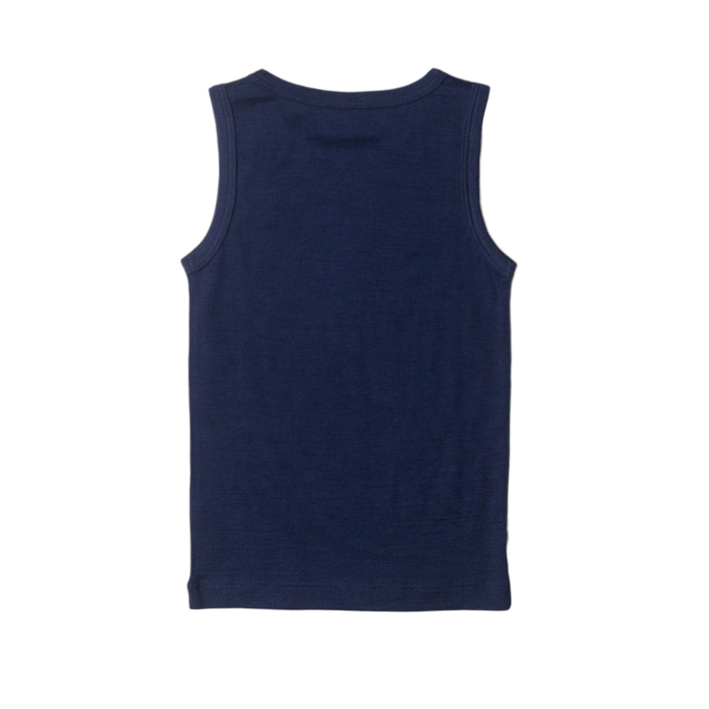 A sleeveless navy blue tank top shown from the back, laid flat against a solid white background.
