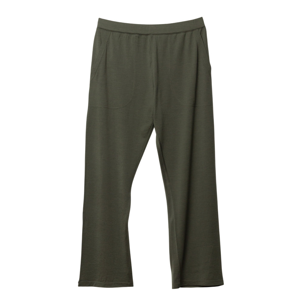 Adult olive green merino lounge pants on a white background