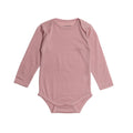 Pink merino long sleeve bodysuit on a white background