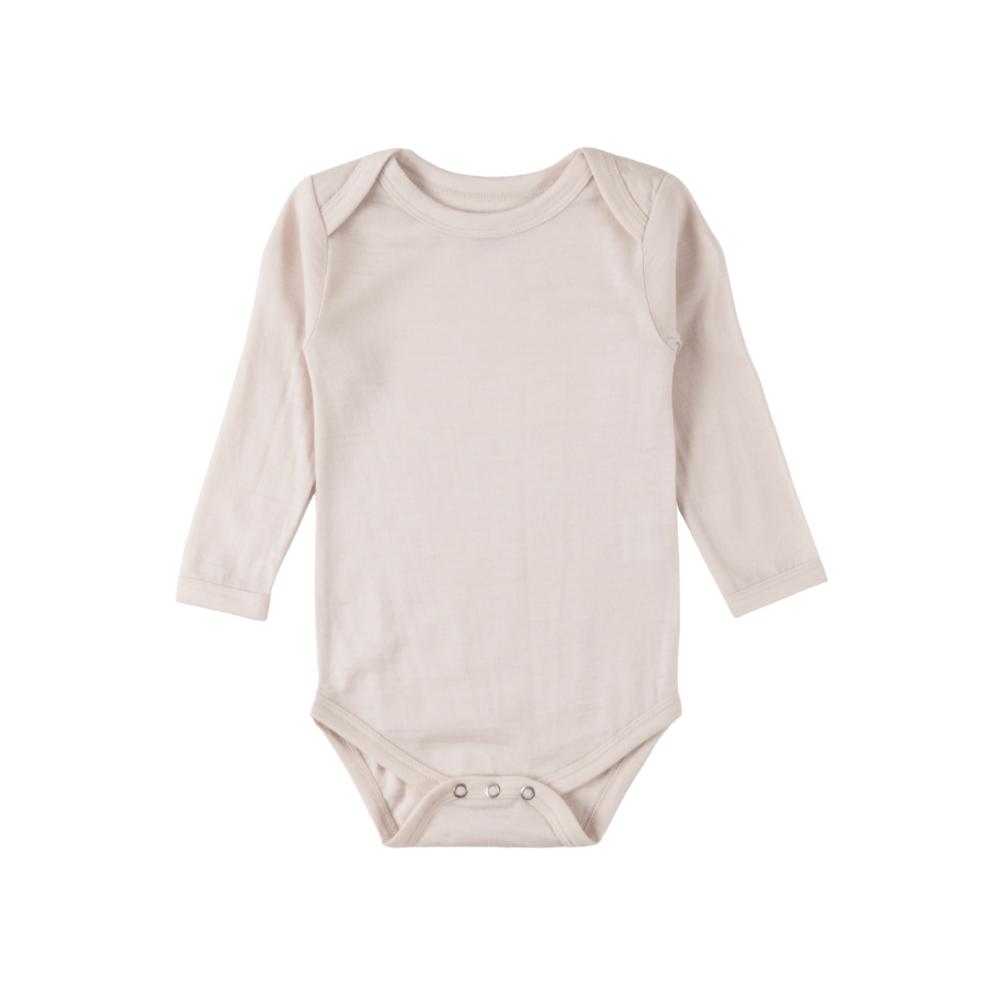 Cream merino long sleeve bodysuit on a white background