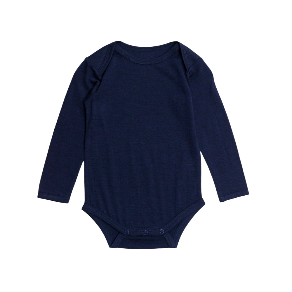 Navy merino long sleeve bodysuit on a white background