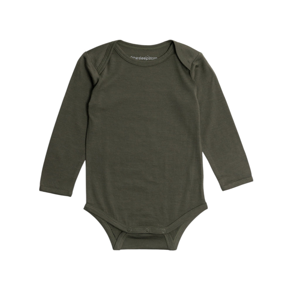 Green merino long sleeve bodysuit on a white background