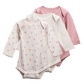 3 pack of long sleeve merino bodysuits in cream, pink and hearts print on a white background