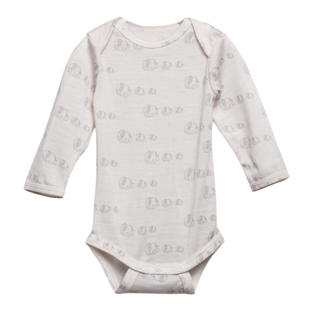 Cream with elephant print merino long sleeve bodysuit on a white background