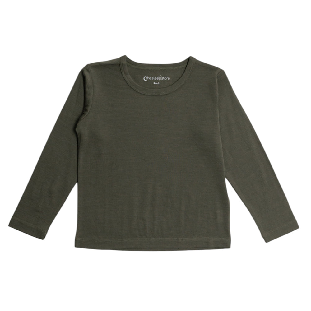 Olive Green Merino Long Sleeve Top on a white background