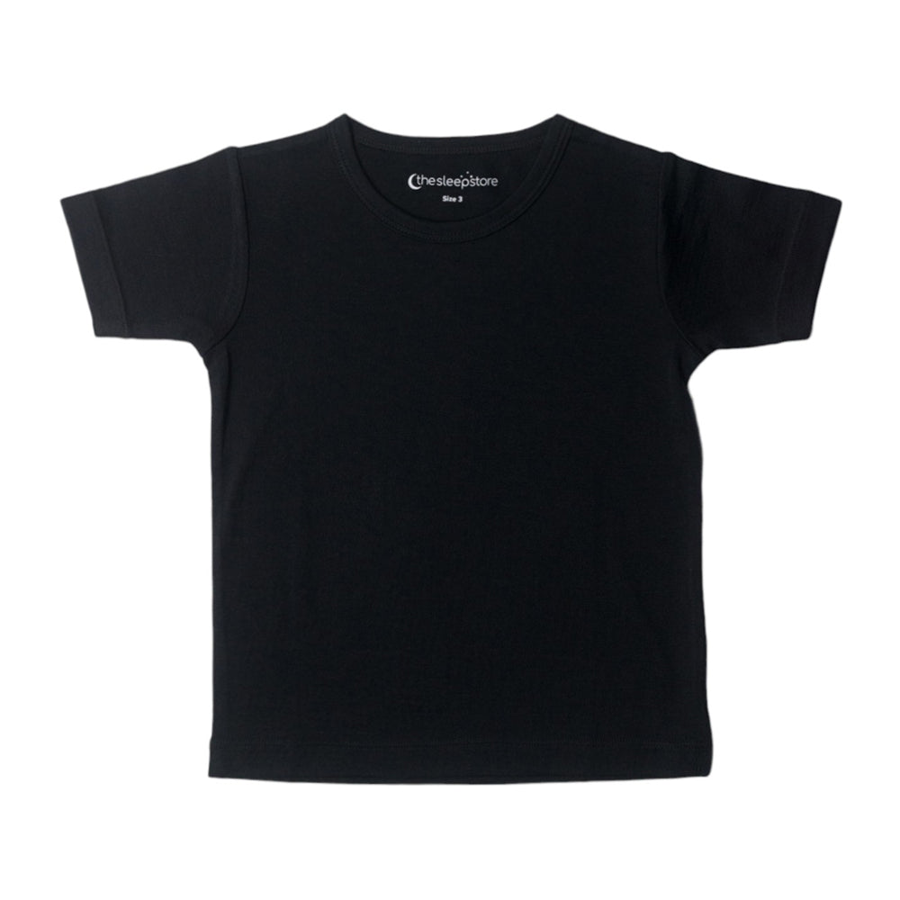 A black short-sleeve crewneck t-shirt with a white printed logo on the inside of the collar, displayed flat against a solid white background.
