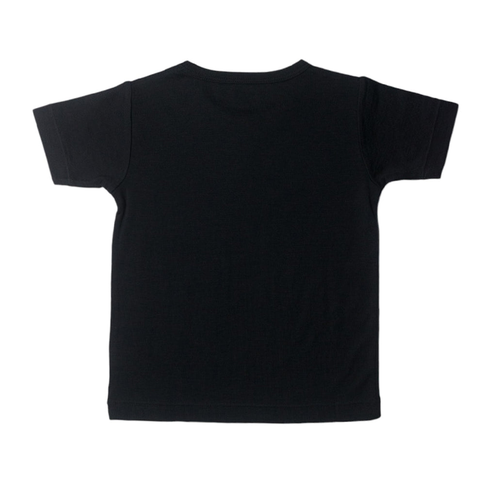 A black short-sleeve crewneck t-shirt shown from the back, laid flat against a solid white background.