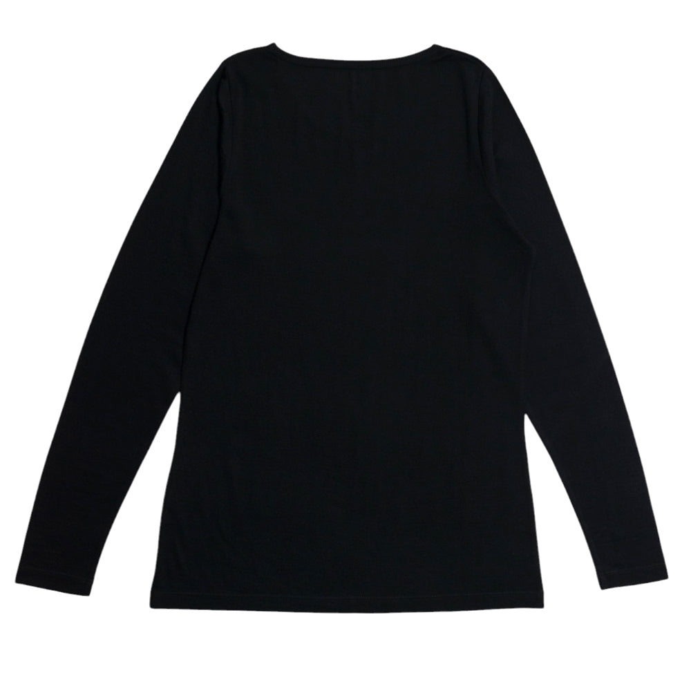 A black long-sleeve top with a wide boat neckline, shown flat against a plain white background.